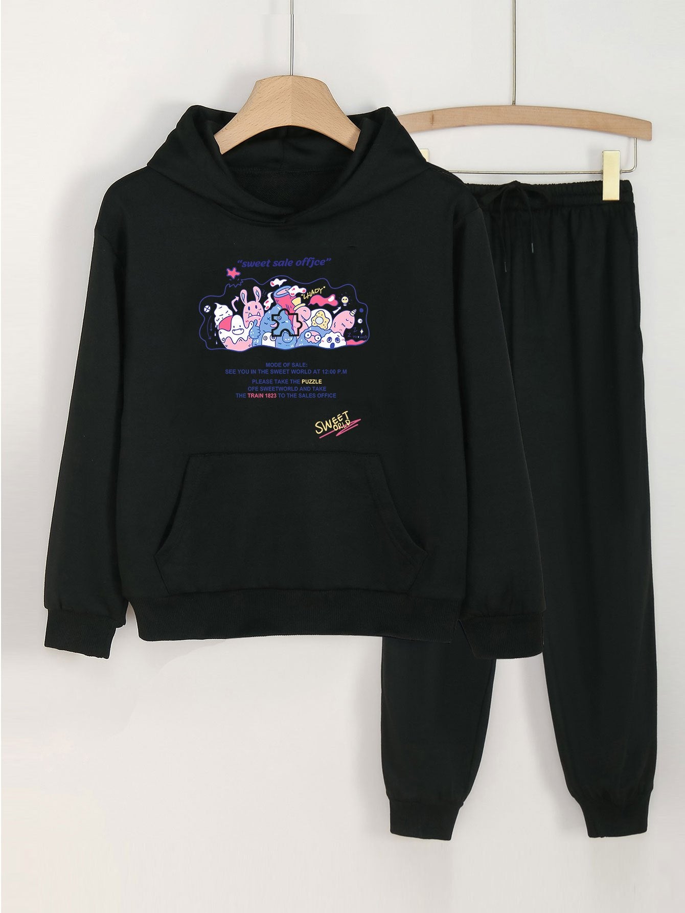 Girls Sweet Office Print Hoodie Sweatshirt & Sweatpants Set