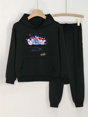 Girls Sweet Office Print Hoodie Sweatshirt & Sweatpants Set