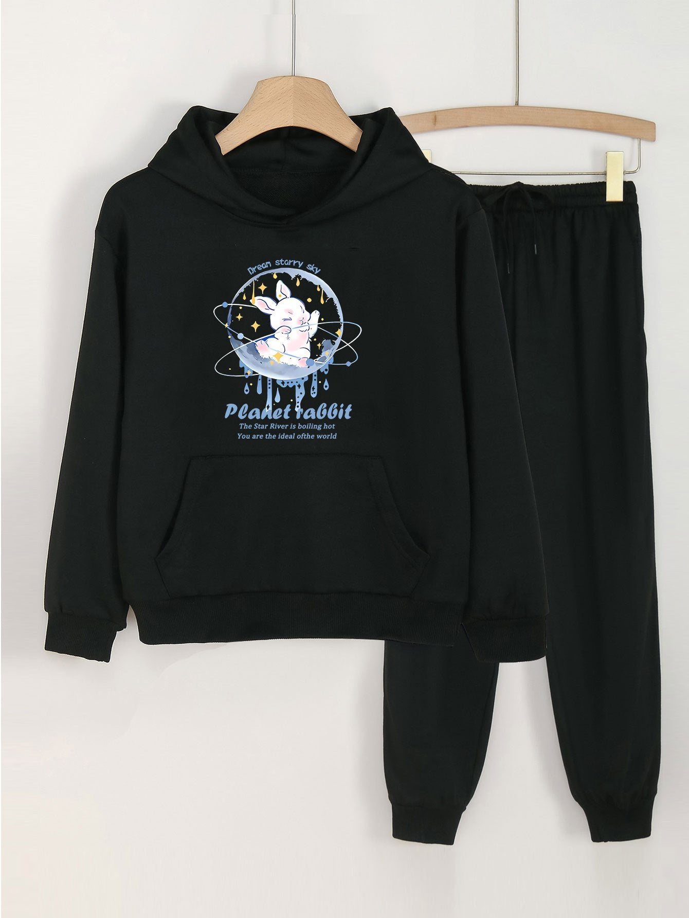 2pcs Planet Rabbit Print Hooded Outfit For Girls Hoodie & Pants Set