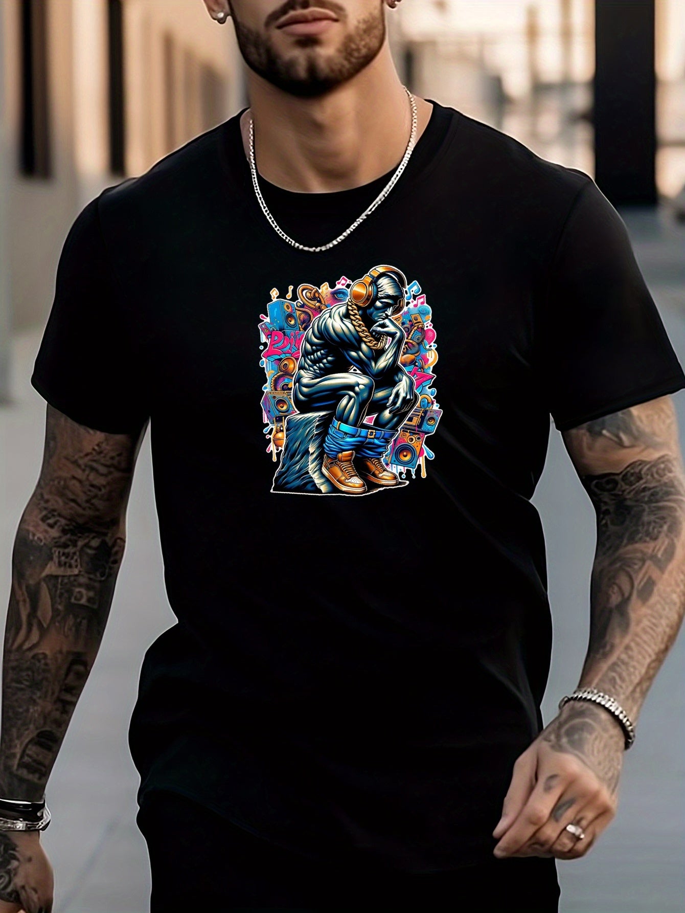 Men's Thinking Man Pattern Shirt Casual Crew Neck Short Sleeve Tee