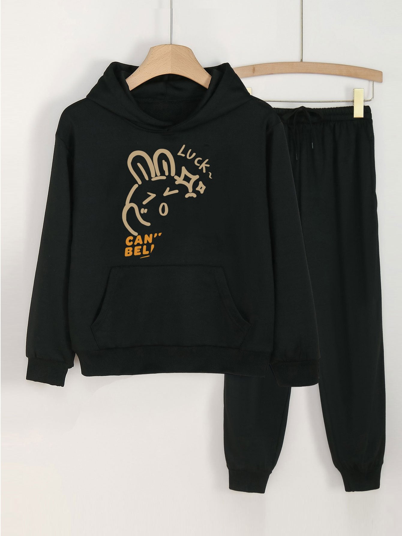 Luck Bunny Print Hooded Outfit Hoodie & Comfy Pants Set for Girls