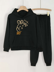 Luck Bunny Print Hooded Outfit Hoodie & Comfy Pants Set for Girls