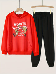 Cartoon Girls Print Hooded Outfit For Girls Hoodie & Pants Set