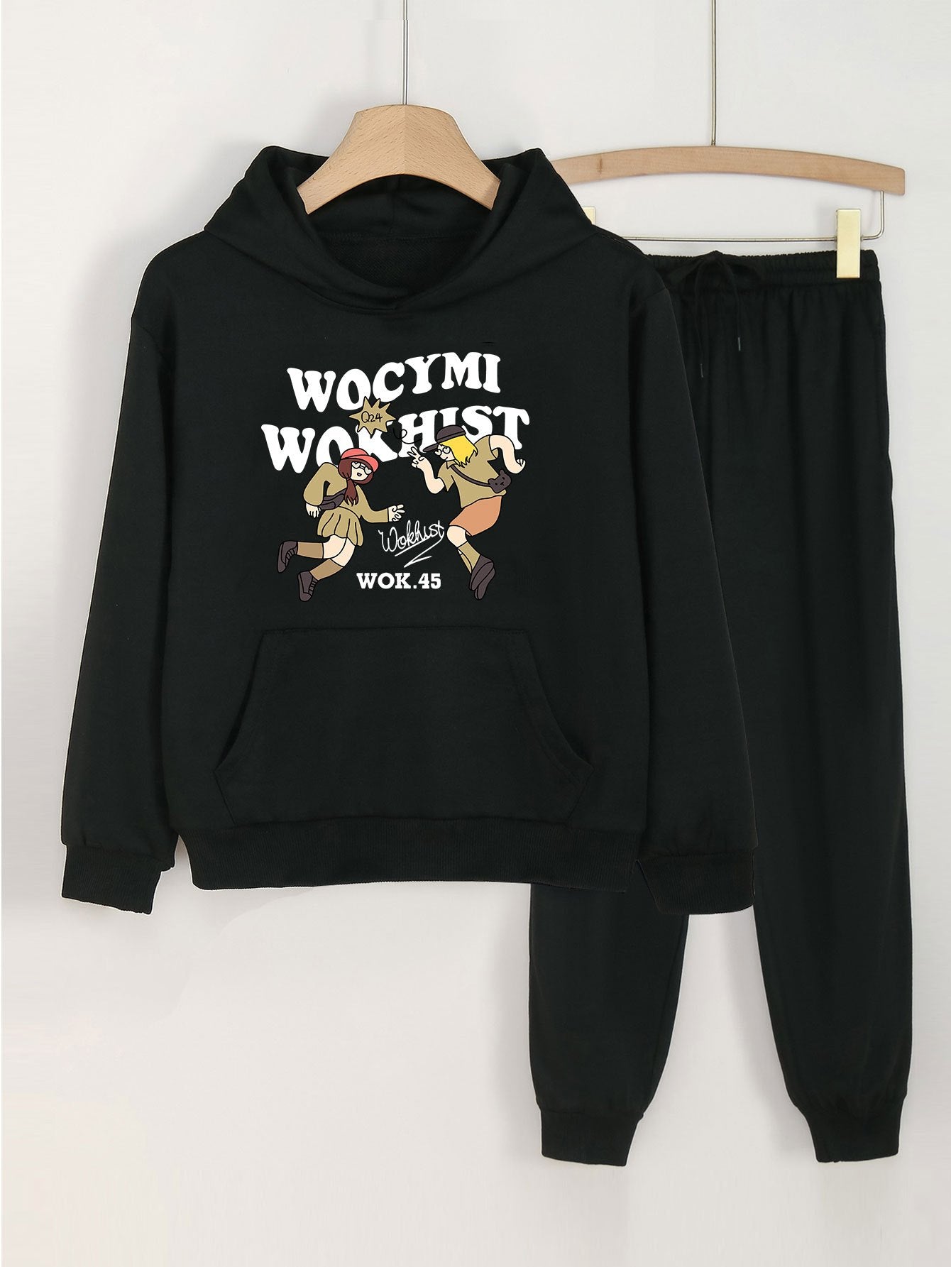 Cartoon Girls Print Hooded Outfit For Girls Hoodie & Pants Set
