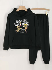 Cartoon Girls Print Hooded Outfit For Girls Hoodie & Pants Set