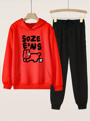 Bunny & Letter Print Hooded Outfit for Girls - Hoodie & Pants Set