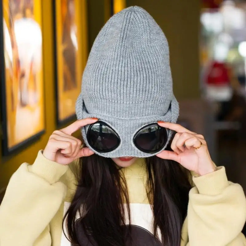 Winter Knitted Beanie Hat With Goggles Ear Protection Warm Hat