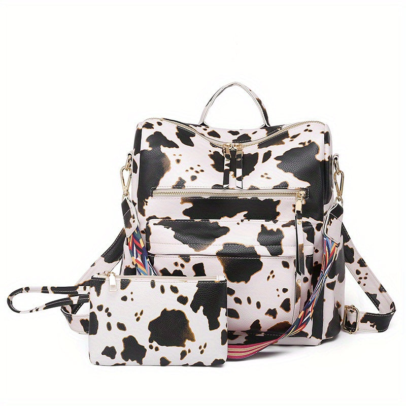 Retro Style PU Leather Backpack Set, Geometric Wide Strap, Work Travel Bag