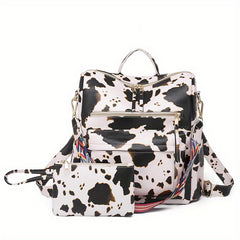 Retro Style PU Leather Backpack Set, Geometric Wide Strap, Work Travel Bag