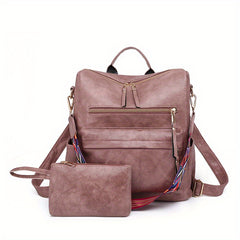 Retro Style PU Leather Backpack Set, Geometric Wide Strap, Work Travel Bag