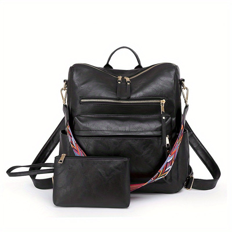 Retro Style PU Leather Backpack Set, Geometric Wide Strap, Work Travel Bag