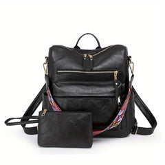 Retro Style PU Leather Backpack Set, Geometric Wide Strap, Work Travel Bag