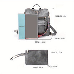 Retro Style PU Leather Backpack Set, Geometric Wide Strap, Work Travel Bag