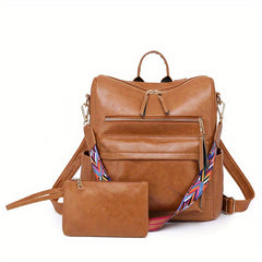 Retro Style PU Leather Backpack Set, Geometric Wide Strap, Work Travel Bag