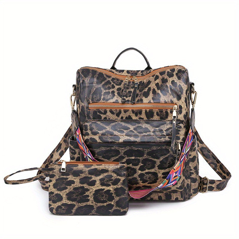 Retro Style PU Leather Backpack Set, Geometric Wide Strap, Work Travel Bag