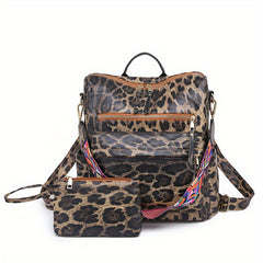 Retro Style PU Leather Backpack Set, Geometric Wide Strap, Work Travel Bag