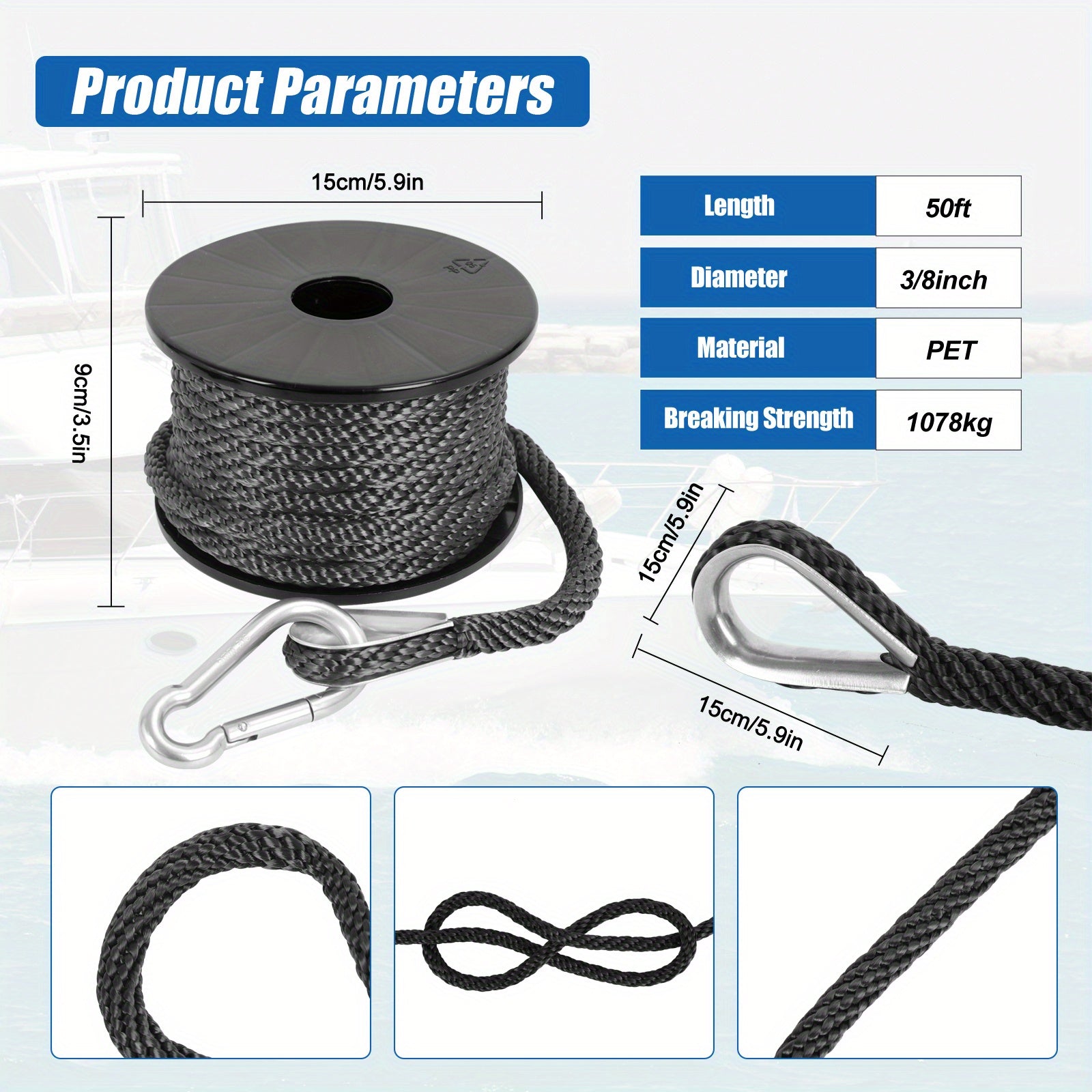 2in 50ft Double Braided Nylon Boat Anchor Rope Dock Rope