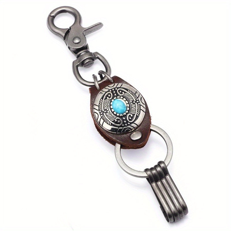 Ethnic Style Feather Keychain with Turquoise Inlaid Alloy & Cowhide Decoration