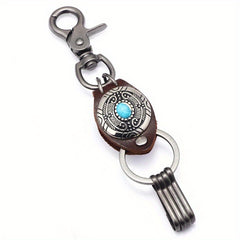 Ethnic Style Feather Keychain with Turquoise Inlaid Alloy & Cowhide Decoration