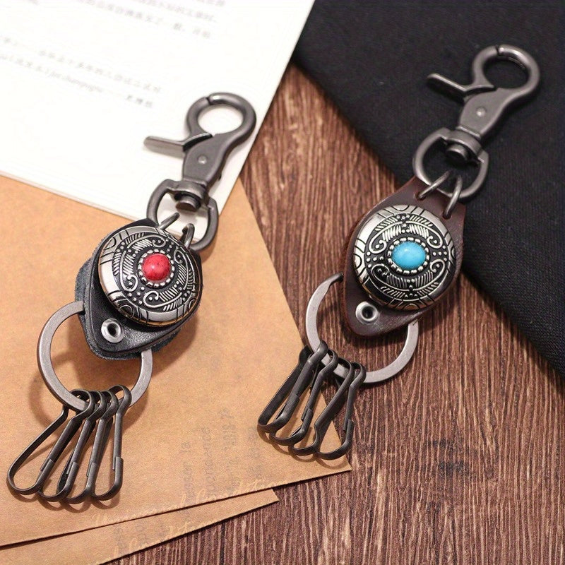 Ethnic Style Feather Keychain with Turquoise Inlaid Alloy & Cowhide Decoration