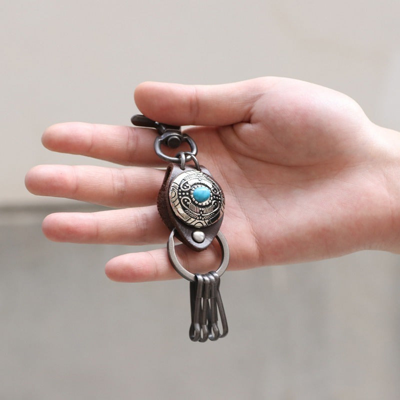 Ethnic Style Feather Keychain with Turquoise Inlaid Alloy & Cowhide Decoration