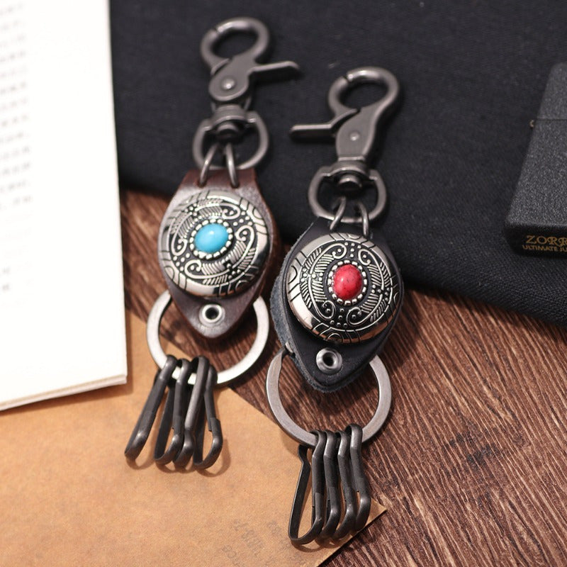 Ethnic Style Feather Keychain with Turquoise Inlaid Alloy & Cowhide Decoration