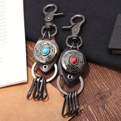 Ethnic Style Feather Keychain with Turquoise Inlaid Alloy & Cowhide Decoration