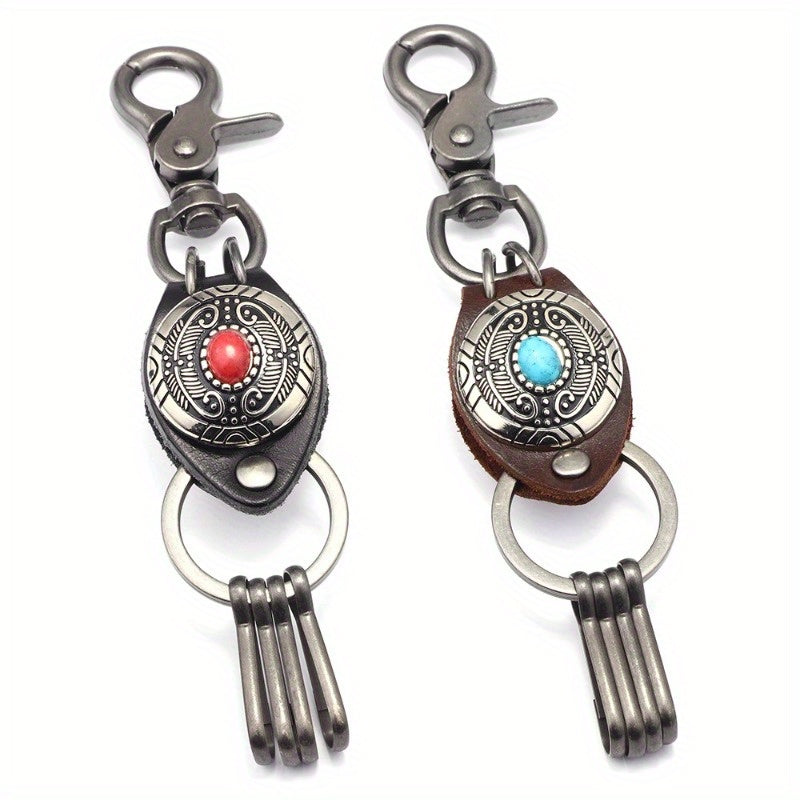 Ethnic Style Feather Keychain with Turquoise Inlaid Alloy & Cowhide Decoration