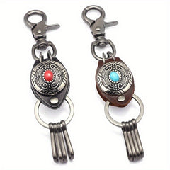 Ethnic Style Feather Keychain with Turquoise Inlaid Alloy & Cowhide Decoration