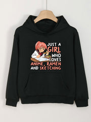 Anime Girl Print Girls Hoodie Kids Casual Long Sleeve Comfy Loose Hooded Sweatsh