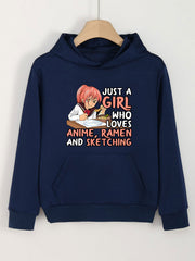 Anime Girl Print Girls Hoodie Kids Casual Long Sleeve Comfy Loose Hooded Sweatsh