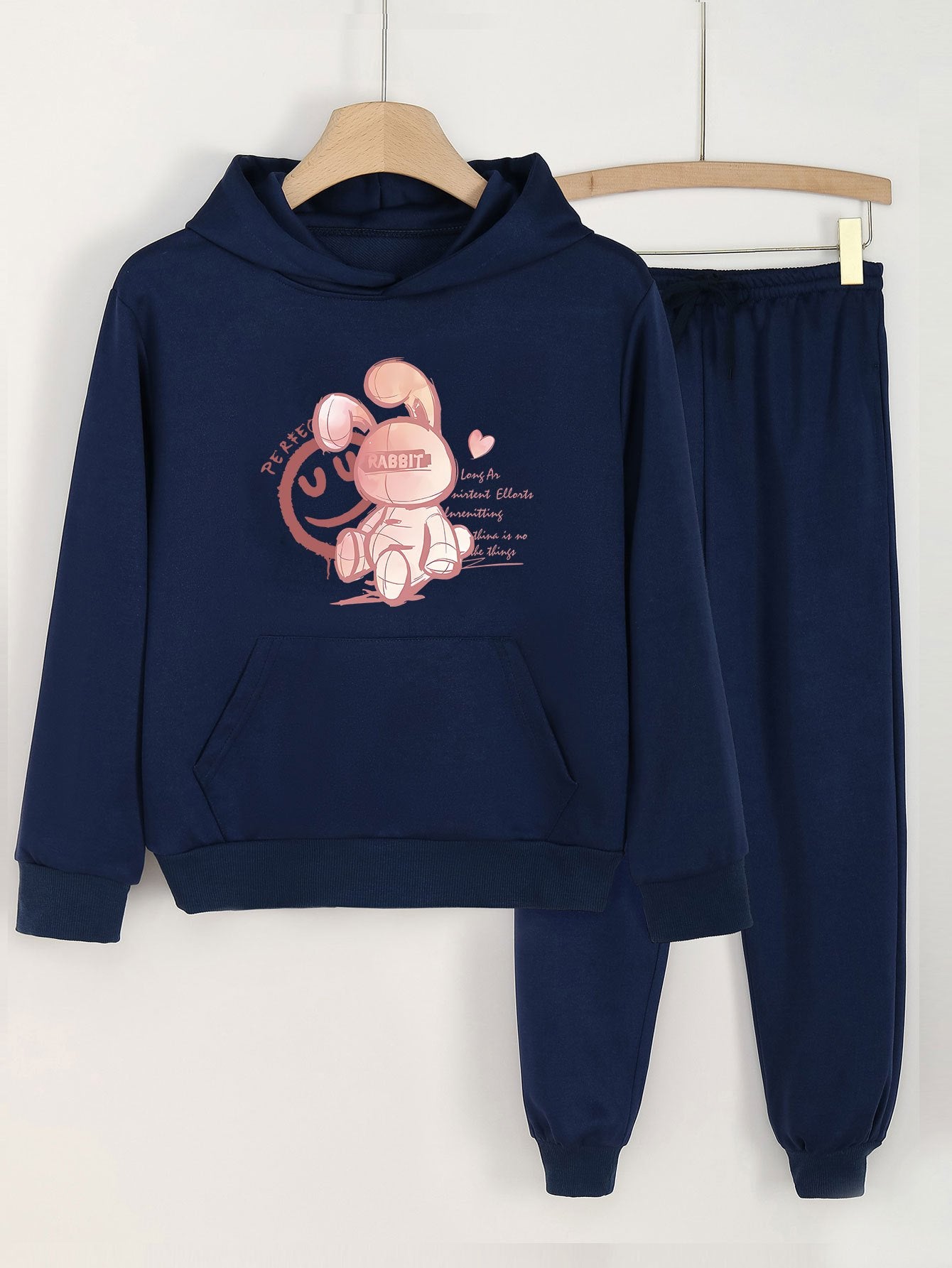 2pcs Bunny Print Girls Hoodie Set Kids Casual Long Sleeve Hooded Sweatshirt