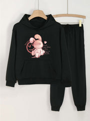 2pcs Bunny Print Girls Hoodie Set Kids Casual Long Sleeve Hooded Sweatshirt