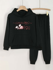 2pcs Girls Hoodie & Sweatpants Set Letter Print Casual Loose Hooded
