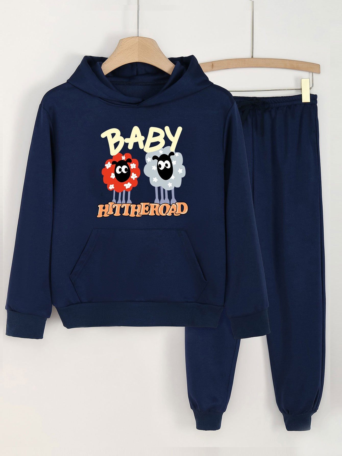2pcs Sheep Print Girls Hoodie Set