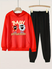 2pcs Sheep Print Girls Hoodie Set