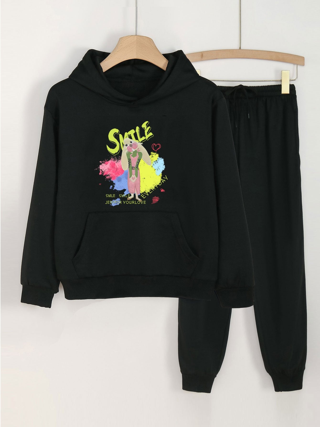 2pcs SMILE Print Girls Hoodie Kids Casual Long Sleeve Loose Hooded Sweatshirt