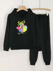 2pcs SMILE Print Girls Hoodie Kids Casual Long Sleeve Loose Hooded Sweatshirt