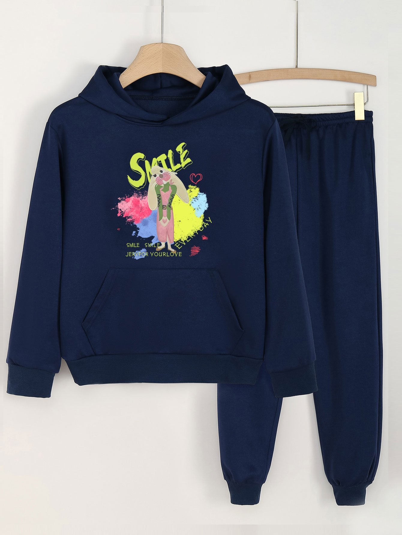 2pcs SMILE Print Girls Hoodie Kids Casual Long Sleeve Loose Hooded Sweatshirt