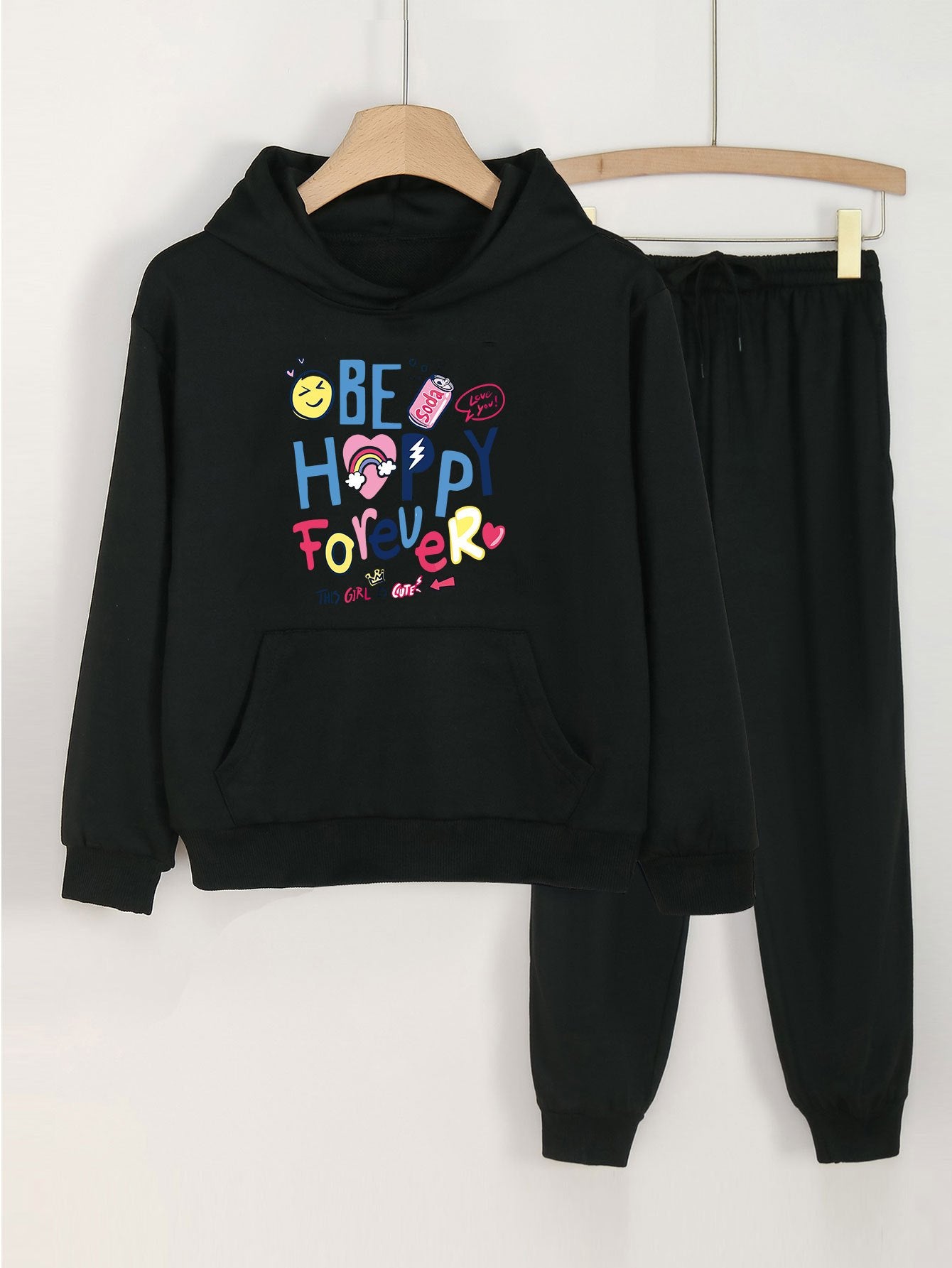 2pcs Girls Hoodie Be Happy Forever Print Hooded Sweatshirt