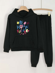 2pcs Girls Hoodie Be Happy Forever Print Hooded Sweatshirt
