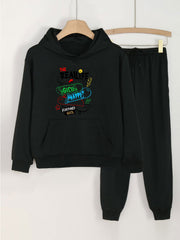 Skateboard Print Girls Hoodie Sweatshirt & Solid Sweatpants Set