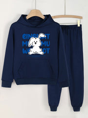 2pcs Rabbit Print Girls Hoodie & Sweatpants Set