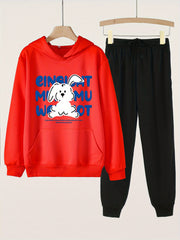 2pcs Rabbit Print Girls Hoodie & Sweatpants Set