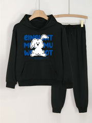 2pcs Rabbit Print Girls Hoodie & Sweatpants Set