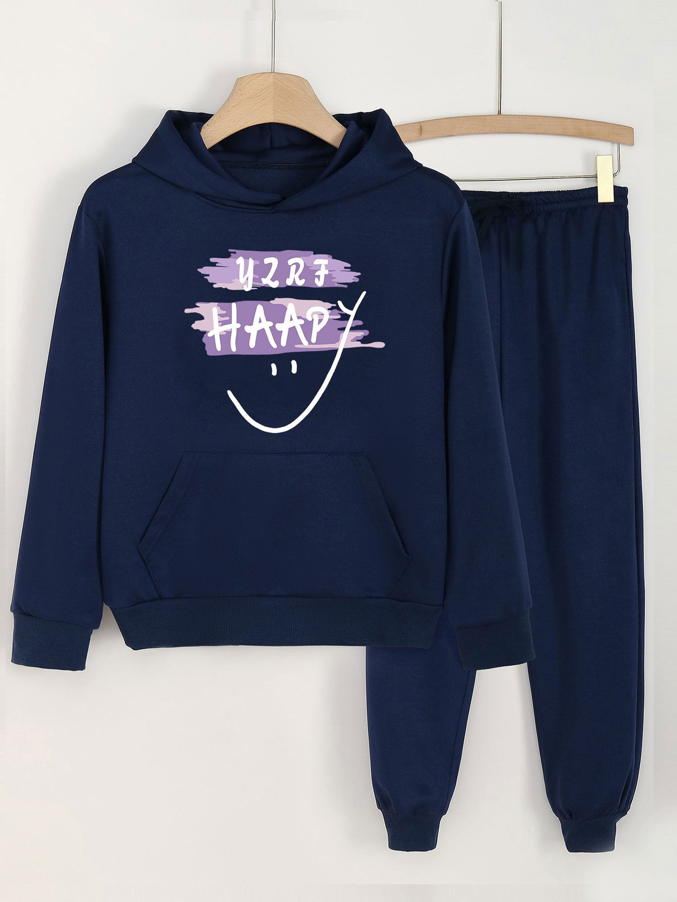 2pcs Happy Print Girls Hoodie Set Kids Casual Hooded Sweatshirt & Sweatpants