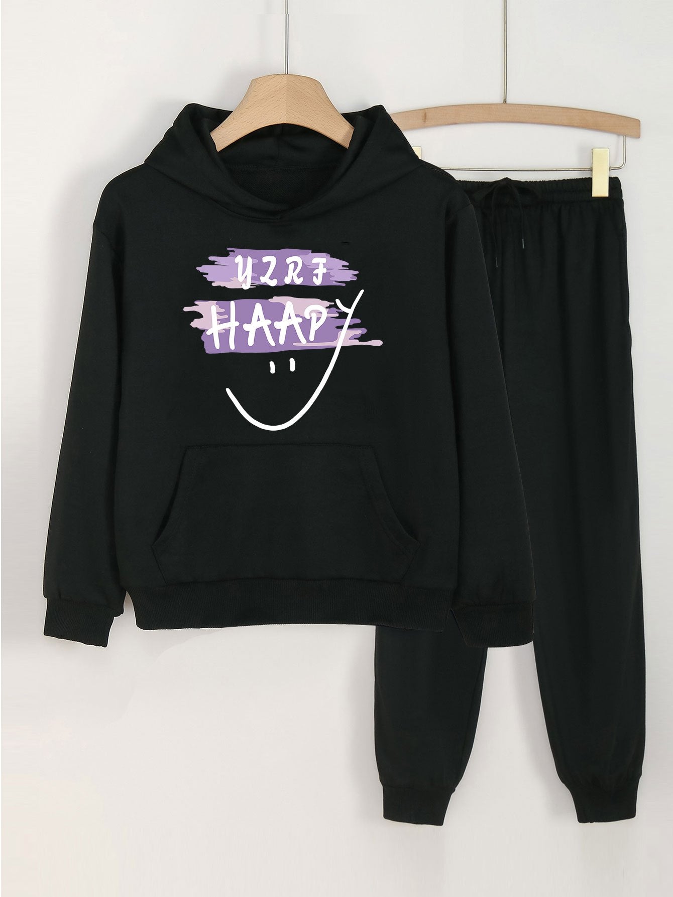 2pcs Happy Print Girls Hoodie Set Kids Casual Hooded Sweatshirt & Sweatpants