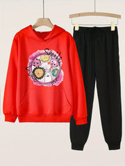 2pcs Cartoon Animal Girls Hoodie & Solid Sweatpants Set