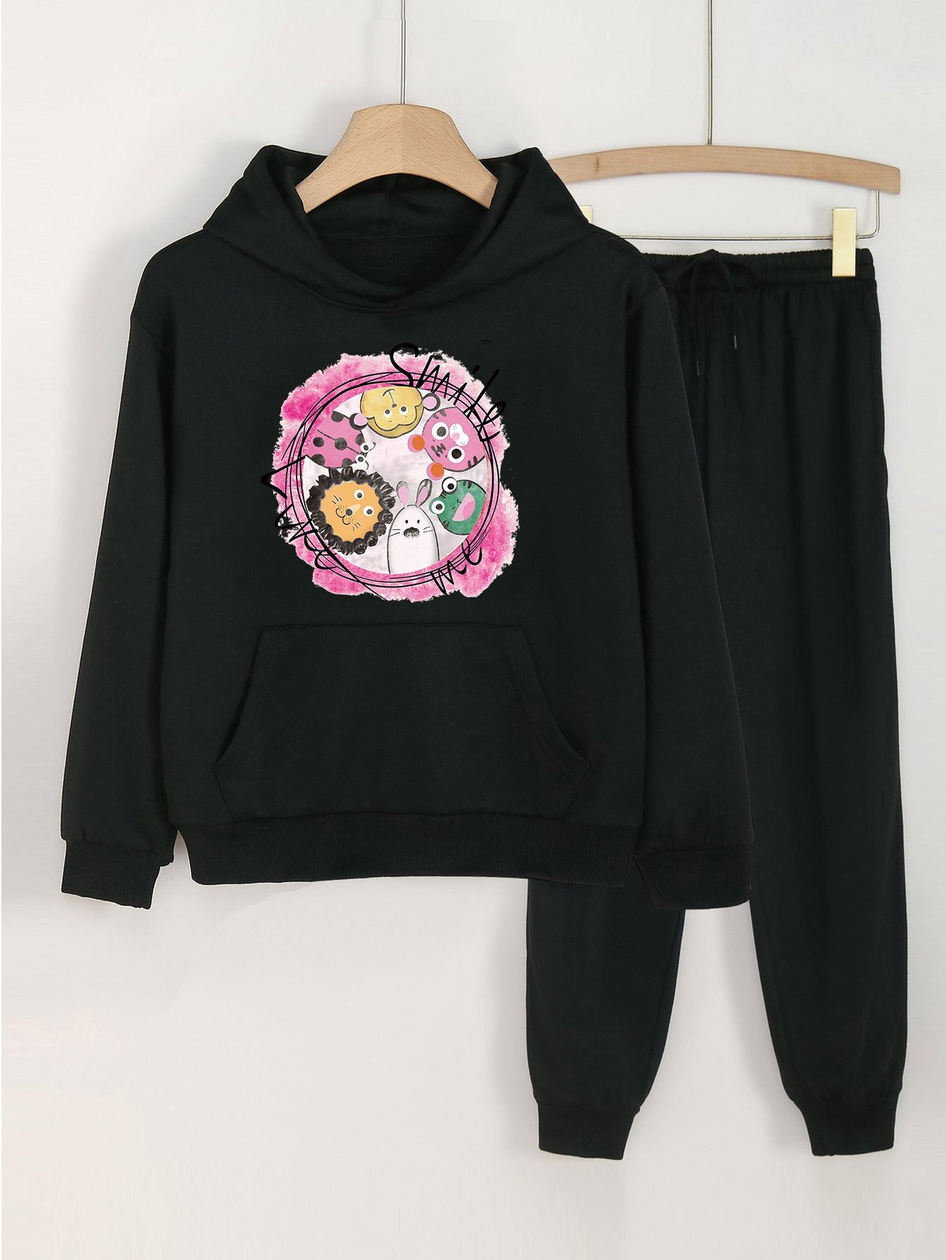 2pcs Cartoon Animal Girls Hoodie & Solid Sweatpants Set