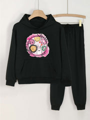 2pcs Cartoon Animal Girls Hoodie & Solid Sweatpants Set